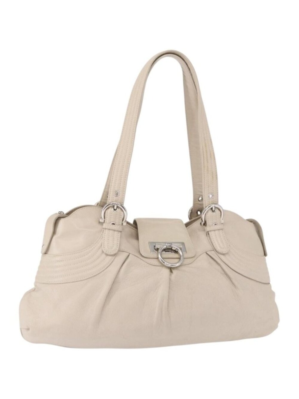 Salvatore Ferragamo Gancini Shoulder Bag Leather Silver White